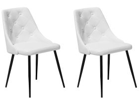 Set of 2 Dining Chairs White Faux Leather Upholstered Seat Button Tufted Backrest 