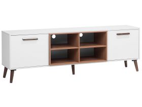 Wooden Legs TV Stand with 2 Cabinets Shelves - White with Dark Wood