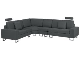 Corner Sofa Dark Grey Fabric Upholstery Right Hand Orientation with Adjustable Headrests 