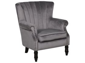 Wingback Chair Grey Velvet Fabric Vintage Retro Style Armchair Scroll Arms Black Wooden Legs Nailhead Trim 