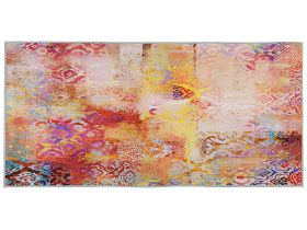 Area Rug Carpet Multicolour Polyester Fabric Abstract Pattern Rubber Coated Bottom 80 x 150 cm 