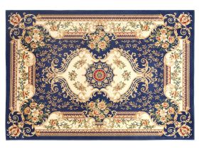Area Rug Carpet Blue White Polyester Fabric Floral Victorian Pattern Rubber Coated Bottom 140 x 200 cm 