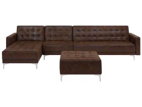 Corner Sofa Bed Brown Faux Leather Tufted Modern L-Shaped Modular 4 Seater with Ottoman Right Hand Chaise Longue 