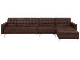 Corner Sofa Bed Brown Faux Leather Tufted Modern L-Shaped Modular 5 Seater Left Hand Chaise Longue 