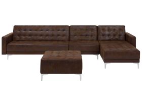 Corner Sofa Bed Brown Faux Leather Tufted Modern L-Shaped Modular 5 Seater with Ottoman Left Hand Chaise Longue 