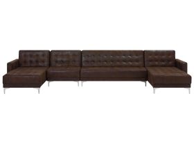 Corner Sofa Bed Brown Faux Leather Tufted Modern U-Shaped Modular 6 Seater Chaise Lounges 