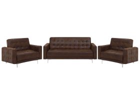 Living Room Set Brown Faux Leather Tufted 3 Seater Sofa Bed 2 Reclining Armchairs Modern 3-Piece Suite 