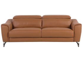 Sofa Brown Leather 3 Seater Adjustable Headrest Wide Seating Retro 