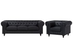 Chesterfield Living Room Set Black Faux Leather Dark Wood Legs 3 Seater Sofa + Armchair Contemporary 