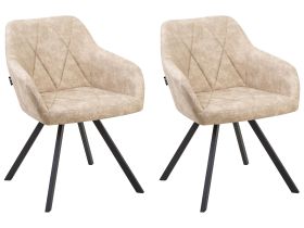 Set of 2 Dining Chairs Beige Fabric with Arms  Quilted Backrest Black Metal Legs Retro Transitional 