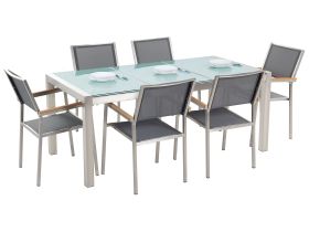 Garden Dining Set Grey with Cracked Glass Table Top 6 Seats 180 x 90 cm Triple Plate 