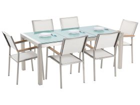 Garden Dining Set White with Cracked Glass Table Top 6 Seats 180 x 90 cm Triple Plate 