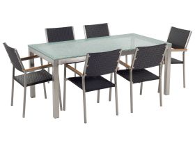 Garden Dining Set Black with Cracked Glass Table Top Rattan Chairs 6 Seats 180 x 90 cm 