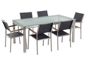 Garden Dining Set Black with Cracked Glass Table Top 6 Seats 180 x 90 cm 