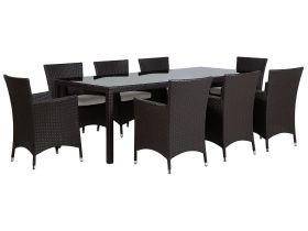 Garden Dining Set Dark Brown Faux Rattan 8 Seater with Cushions UV Resistant Patio Traditional 