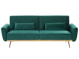 Sofa Bed Green Velvet 3 Seater Metal Legs Additional Cushions Retro 