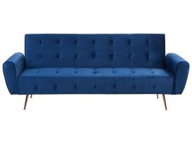 Sofa Bed Blue Velvet 3 Seater Metal Legs Upholstered Back Tufted Modern 