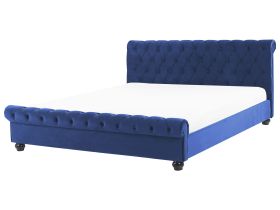 Bed Frame Blue Velvet Upholstery Black Wooden Legs Super King Size 6ft Buttoned Glam 
