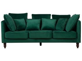 Sofa Green Velvet Upholstered 3 Seater Cushioned Seat and Back with Wooden Legs 
