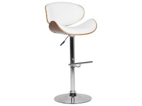 Bar Stool Dark Wood with White Faux Leather Upholstery Footstool Swivel Gas Lift Adjustable Height Modern 