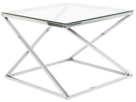 Coffee Table Silver Steel Frame Glass Square Top Geometric Glam Design 