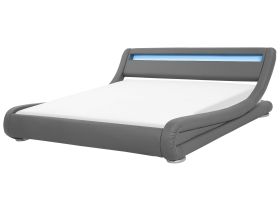 Platform Bed Frame Grey Faux Leather Upholstered LED Illuminated Headboard 6ft EU Super King Size Sleigh Design 