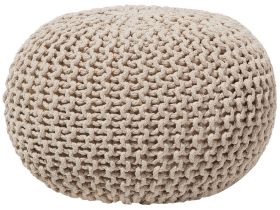 Pouf Ottoman Beige Knitted Cotton EPS Beads Filling Round Small Footstool 50 x 35 cm 
