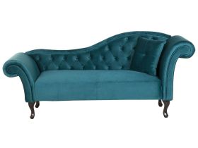 Chaise Lounge Blue Velvet Button Tufted Upholstery Right Hand Rolled Arms with Cushion 