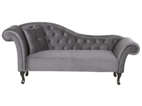 Chaise Lounge Grey Velvet Button Tufted Upholstery Left Hand Rolled Arms with Cushion 