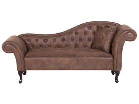 Chaise Lounge Brown Faux Suede Button Tufted Upholstery Right Hand Rolled Arms with Cushion 