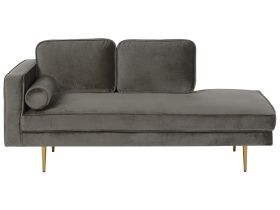 Chaise Lounge Taupe Velvet Upholstered Left Hand Orientation Metal Legs Bolster Pillow Modern Design 