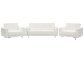 Living Room Set White Faux Leather Tufted 3 Seater Sofa Bed 2 Reclining Armchairs Modern 3-Piece Suite 