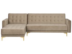 Corner Sofa Bed Beige Velvet Tufted Fabric Modern L-Shaped Modular 4 Seater Right Hand with Ottoman Chaise Longue 