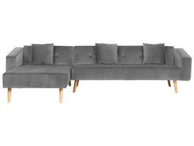 Corner Sofa Bed with 3 Pillows Grey Velvet Upholstery Light Wood Legs Reclining Right Hand Chaise Longue 4 Seater 