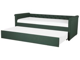 Trundle Bed Green Fabric Upholstery EU Single Size Guest Underbed Buttoned 