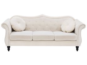 Sofa Beige Velvet 3 Seater Nailhead Trim Button Tufted Throw Pillows Rolled Arms Glam 