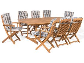 Outdoor Dining Set Light Acacia Wood with Striped Cushions 8 Seater Table Folding Chairs Rustic Design 