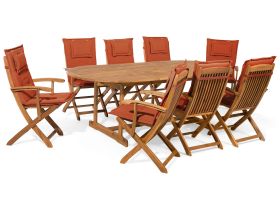Outdoor Dining Set Light Acacia Wood with Red Cushions 8 Seater Table Folding Chairs Rustic Design 