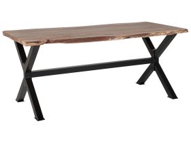 Dining Table Light Wood 200 x 95 cm Solid Wood Top Live Edge Black Metal Base Modern Industrial 