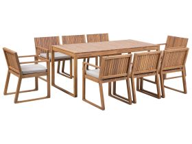 Garden Dining Set Light Acacia Wood Table 8 Chairs with Taupe Cushions Rustic Style 
