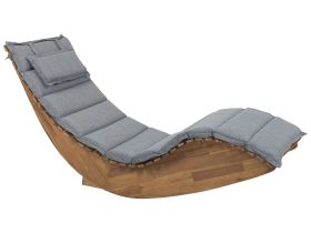 Sun Lounger Light Acacia Wood Slatted Design Rocking Feature Curved Shape with Grey Seat Cushion  