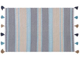 Rug Multicolour Wool 140 x 200 cm with Tassels Striped Geometric Pattern Hand Woven Flat Weave 