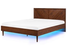 EU Super King Size Panel Bed 6ft Dark Wood with LED Slatted Frame Vintage 