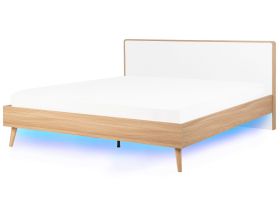 Slatted Bed Frame Light Manufactured Wood and White Headboard LED Illumination 6ft EU Super King Size Scandinavian Design 