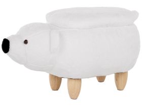 Animal Bear Children Stool White Polyester Fabric Upholstered Wooden Legs Storage Function Nursery Footstool 