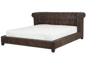 EU Super King Size Panel Bed 6ft Brown Faux Suede Slatted Frame Chesterfield Headboard Classic 
