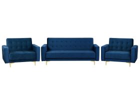 Living Room Set Navy Blue Velvet Tufted Fabric 3 Seater Sofa Bed 2 Reclining Armchairs Modern 3-Piece Suite 