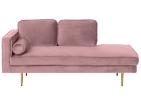 Chaise Lounge Pink Velvet Upholstered Left Hand Orientation Metal Legs Bolster Pillow Modern Design 