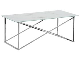 Rectangular Coffee Table Marble Effect White Top Silver Legs Tempered Glass Top Stainless Steel Base 100 x 50 cm Glam Minimalist 