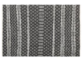 Area Rug Black with Beige 140 x 200 cm Modern Contemporary Hand Loomed Genuine Leather Cotton Chevron Pattern 